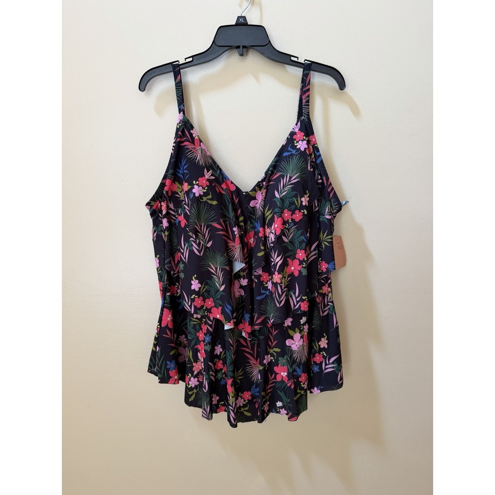 Shade & Shore Women's Tiered Ruffle Tankini Top Black Floral Print Sz 2X (20-22)